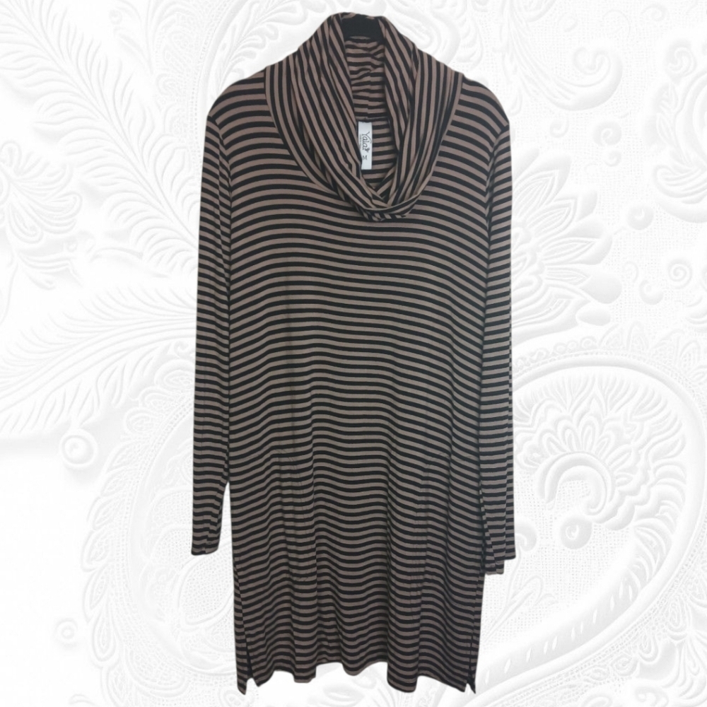 NWOT Yala Black & Brown Striped Cowl Neck Long Sleeve Dress